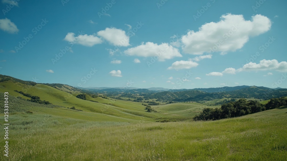 Rolling green hills under a blue sky dotted with fluffy white clouds creating a beautiful serene landscape Rolling green hills under a blue sky dotted with fluffy white clouds creating a beautiful serene landscape