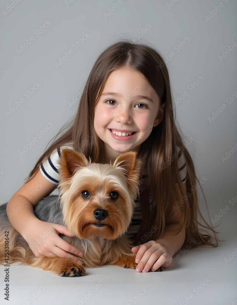 Portrait of a cheerful young girl posing next to her adorable dog, a Yorkshire terrier, highlighting a heartwarming bond between children and their beloved pets. Portrait of a cheerful young girl posing next to her adorable dog, a Yorkshire terrier, highlighting a heartwarming bond between children and their beloved pets.