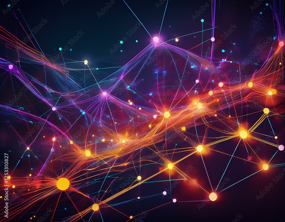 abstract network of glowing purple orange and yellow nodes connected by lines symbolizing futuristic technology communication and data visualization abstract network of glowing purple orange and yellow nodes connected by lines symbolizing futuristic technology communication and data visualization