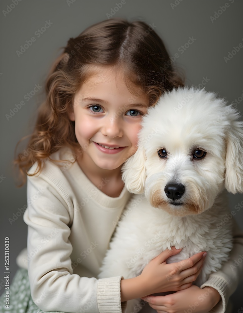 Portrait of a happy young girl wraps her arms around a cute dog, emphasizing the bond between children and pets. Portrait of a happy young girl wraps her arms around a cute dog, emphasizing the bond between children and pets.