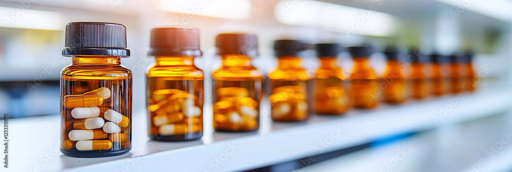 Amber bottles filled with capsules and tablets arranged on shelf, showcasing variety of medications. warm lighting creates calming atmosphere, ideal for pharmacy or health setting Amber bottles filled with capsules and tablets arranged on shelf, showcasing variety of medications. warm lighting creates calming atmosphere, ideal for pharmacy or health setting