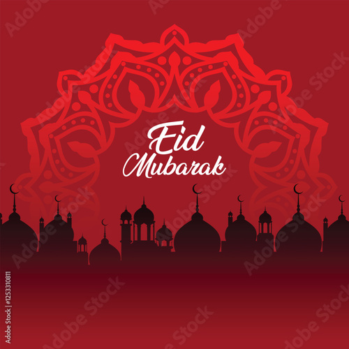 Arabic Ornamental Patterned red Background of Islamic Mosque, Design Greeting Card for Ramadan Kareem