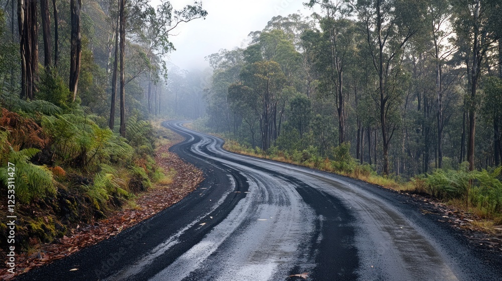 Fototapeta premium Serene Winding Road Through Misty Forest