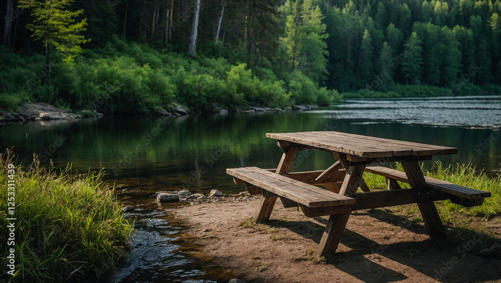 Rustic wooden picnic table by a calm river in a scenic forest. Rustic wooden picnic table by a calm river in a scenic forest.