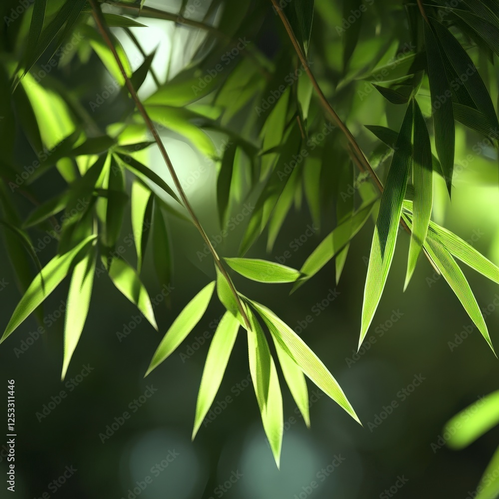 Fototapeta premium Lush Bamboo Leaves with Soft Sunlight Creating Gentle Shadows