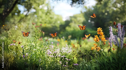 Fototapeta Naklejka Na Ścianę i Meble -  A lush green park filled with native plants, showcasing a vibrant ecosystem with butterflies and bees buzzing around