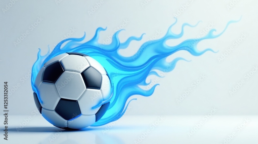 Fototapeta premium A blazing soccer ball, engulfed in icy blue flames, symbolizes intense competition and unwavering passion in the world of sports