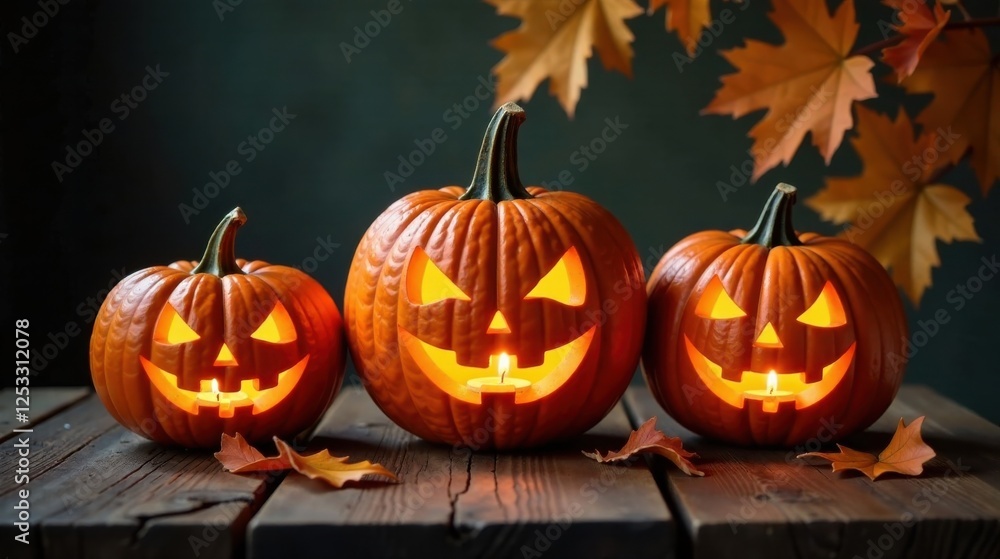 Illuminated autumn gourds with carved faces, glowing from within, rest on rustic wood among fallen leaves. A whimsical fall scene.
