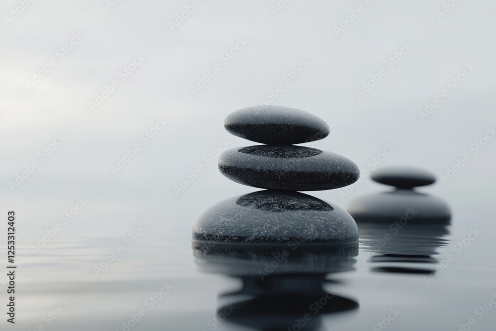 Smooth black stones rest gently on a still, reflective water surface, creating a serene atmosphere perfect for meditation and focus. The misty backdrop enhances the tranquil mood Smooth black stones rest gently on a still, reflective water surface, creating a serene atmosphere perfect for meditation and focus. The misty backdrop enhances the tranquil mood
