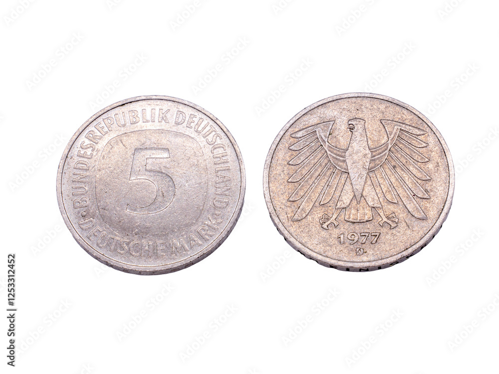 old german 5 Mark coin isolated on white