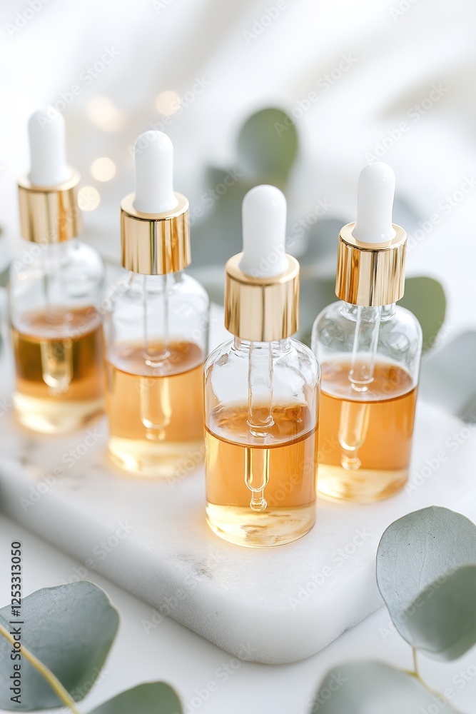 Four glass droppers filled with golden herbal extracts are elegantly arranged on a marble tray alongside fresh eucalyptus leaves. The soft lighting enhances the premium feel of the display