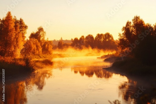 Golden Sunrise Mist Over River photo