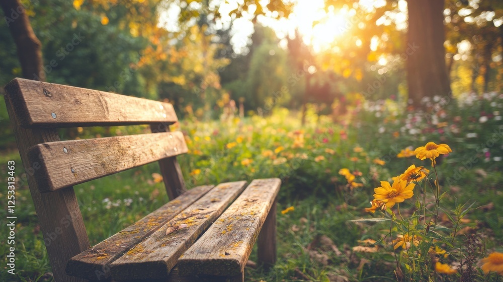 Relaxing in nature a peaceful wooden bench surrounded by vibrant flowers in a sunlit garden capturing the essence of tranquility and outdoor serenity Relaxing in nature a peaceful wooden bench surrounded by vibrant flowers in a sunlit garden capturing the essence of tranquility and outdoor serenity