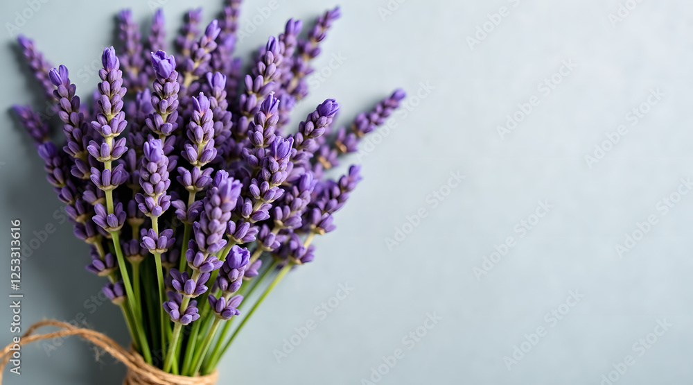 Fototapeta premium A bunch of fresh lavender flowers tied with twine against a soft blue background, showcasing vibrant purple hues and delicate blooms