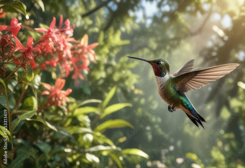 Hummingbird's feathers shimmer in the sunlight as it flies through a garden, fast flying, feeding on nectar Hummingbird's feathers shimmer in the sunlight as it flies through a garden, fast flying, feeding on nectar