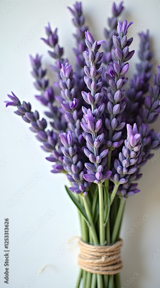 Obraz premium A bouquet of fresh lavender flowers displays vibrant purple hues, elegantly tied with natural twine against a light background