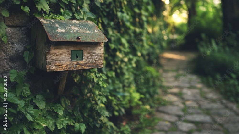 Exploring a quaint wooden mailbox surrounded by lush greenery on a serene garden path in nature capturing tranquility and charm from a close-up perspective Exploring a quaint wooden mailbox surrounded by lush greenery on a serene garden path in nature capturing tranquility and charm from a close-up perspective