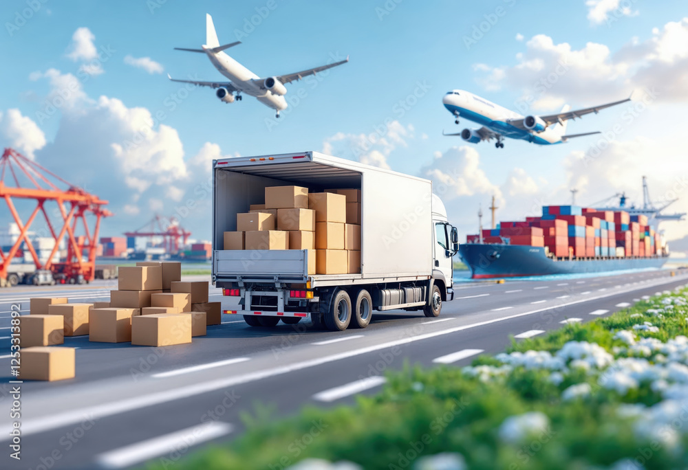 Cargo delivery at a busy logistics hub with planes in the sky and shipping containers in the background Cargo delivery at a busy logistics hub with planes in the sky and shipping containers in the background