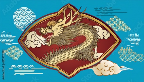 chinese dragon symbol asian monster sign china culture ancient badge on blue background japanese mythology emblem