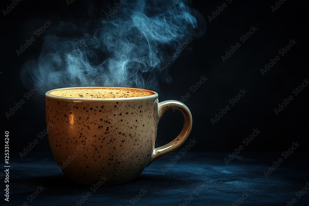 Steaming beverage in speckled mug with dark background Steaming beverage in speckled mug with dark background