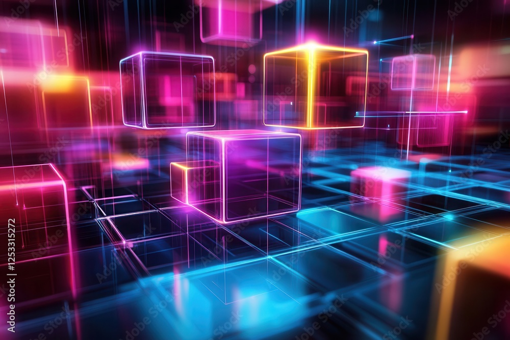 Neon Glowing 3D Cubes in a Futuristic Cyber Space . Neon Glowing 3D Cubes in a Futuristic Cyber Space .