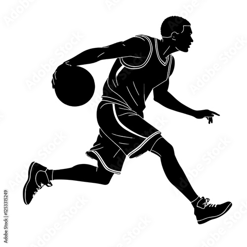 Silhouette of a basketball player dribbling the ball while running fast