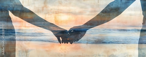 Double Exposure Two hands holding together against a beautiful sunset background by the ocean.