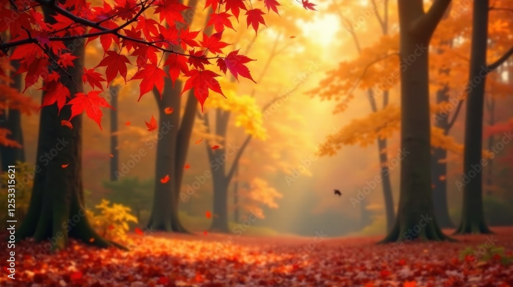 Autumnal Woodland Path Vivid Red Maple Leaves Gracefully Falling Amidst Golden Hues of a Misty Forest Autumnal Woodland Path Vivid Red Maple Leaves Gracefully Falling Amidst Golden Hues of a Misty Forest