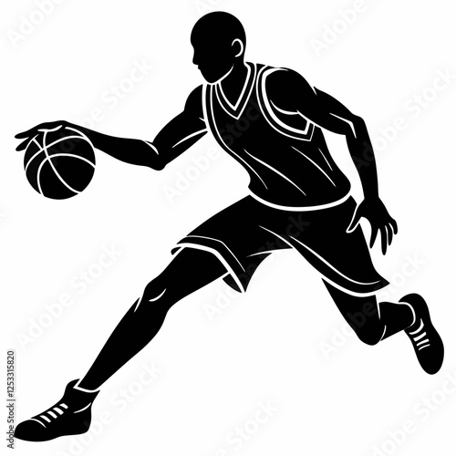 A dynamic silhouette of a basketball player dribbling the ball