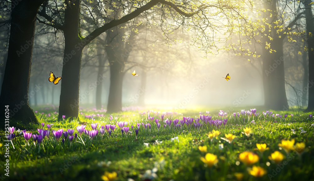 Obraz premium Beautiful Meadow in the Park with Crocuses and Daffodils, Trees Without Leaves