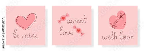 Valentines Day greeting card set. Festive square cards with handwritten inscriptions, decorative hearts and symbols of love. Romantic gift cards for lovers