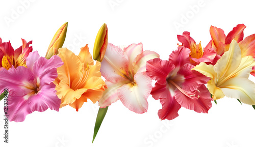 Vibrant Floral Garland of Colorful Lily and Gladiolus Blooms on White Background