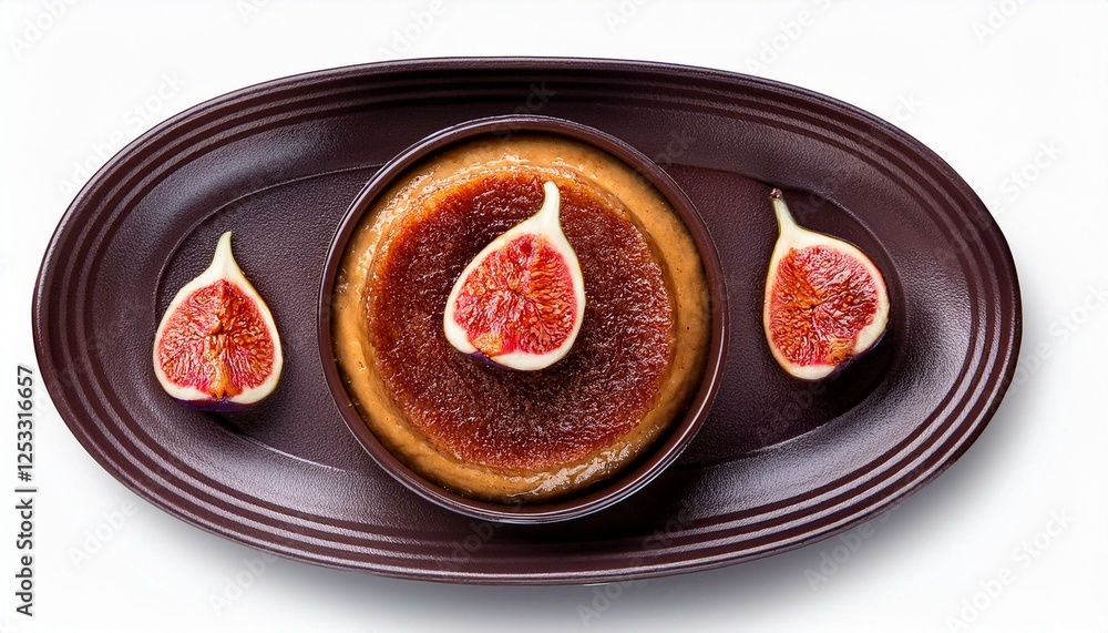 extreme top view of hyperrealistic fig pudding in a dark ceramic dish isolated on a white white background