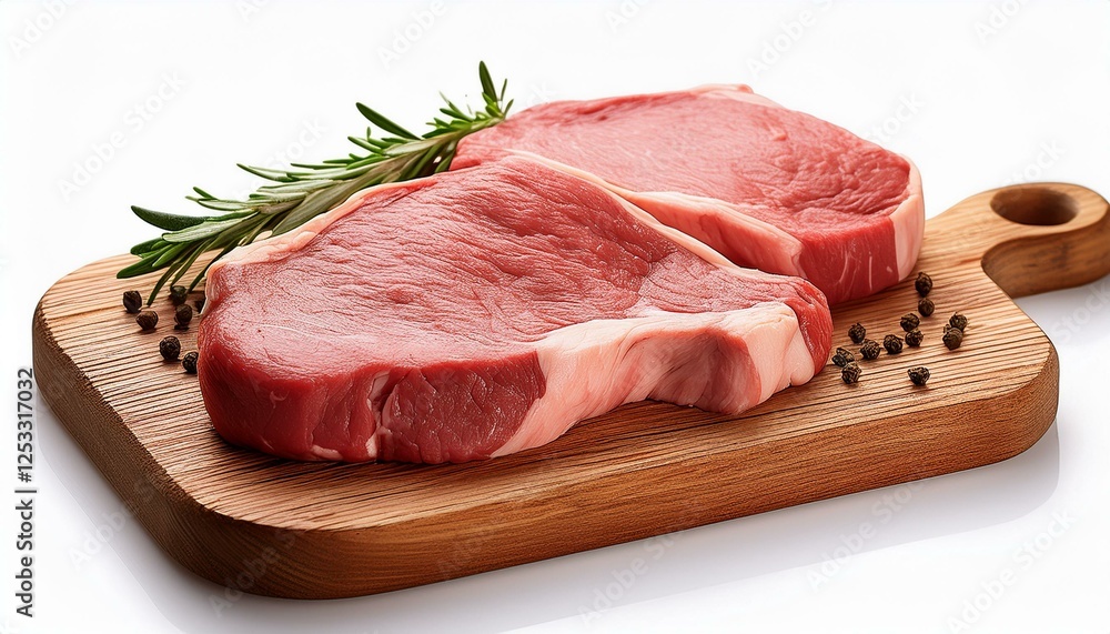 raw meat steaks on wooden board isolated on white background raw meat steaks on wooden board isolated on white background