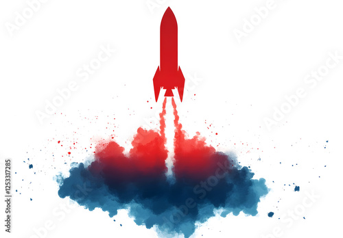 Cartoon-Style Rocket Blasting Off with Vibrant Trail of Smoke on White Background