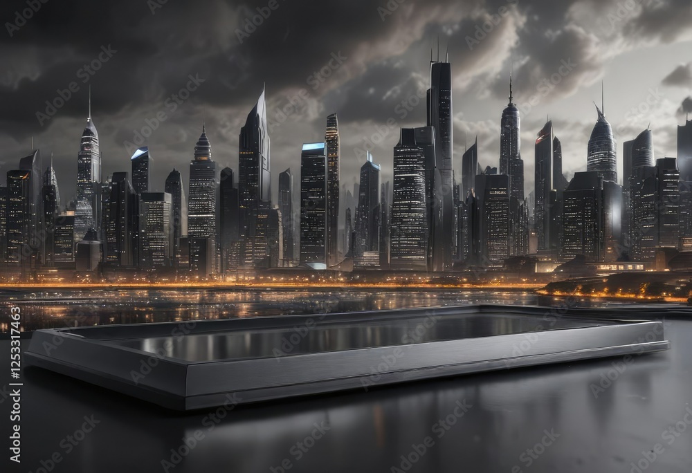 Obraz premium large metallic plate on a matte black brushed surface with a futuristic cityscape scene in the background, high-rise buildings, urban design, cityscape view