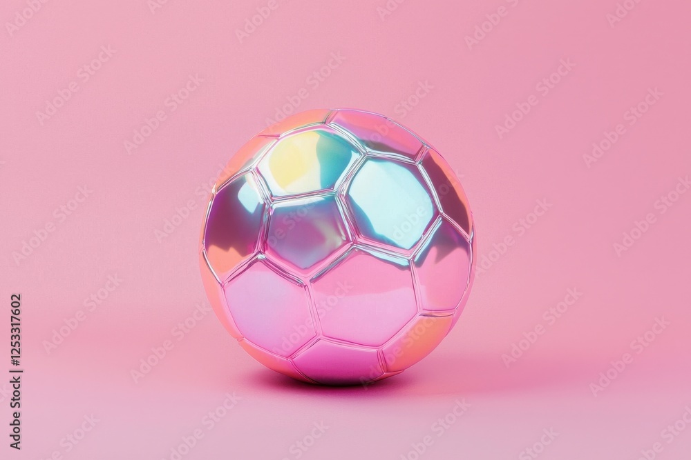 Fototapeta premium Colorful Metallic Soccer Ball on Soft Pink Background