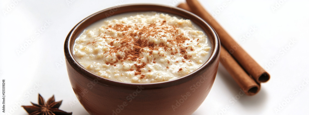 A warm bowl of creamy rice pudding topped with cinnamon, accompanied by cinnamon sticks, creating a cozy and inviting dessert scene. A warm bowl of creamy rice pudding topped with cinnamon, accompanied by cinnamon sticks, creating a cozy and inviting dessert scene.