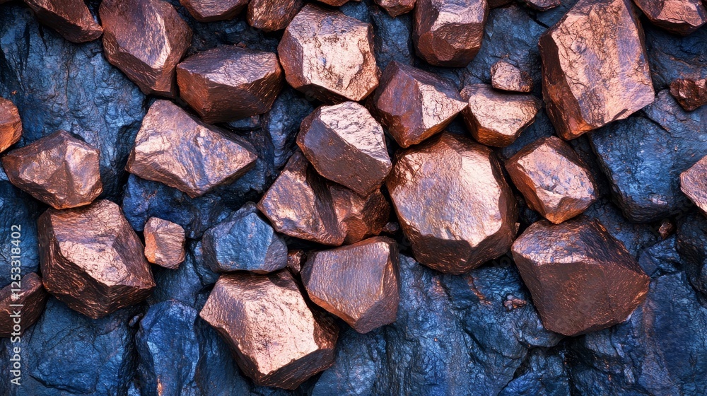 Close-up of raw copper ore with shiny copper metal texture, set against a blue-black earthy stone background, showcasing the natural beauty of mineral extraction and mining. Close-up of raw copper ore with shiny copper metal texture, set against a blue-black earthy stone background, showcasing the natural beauty of mineral extraction and mining.