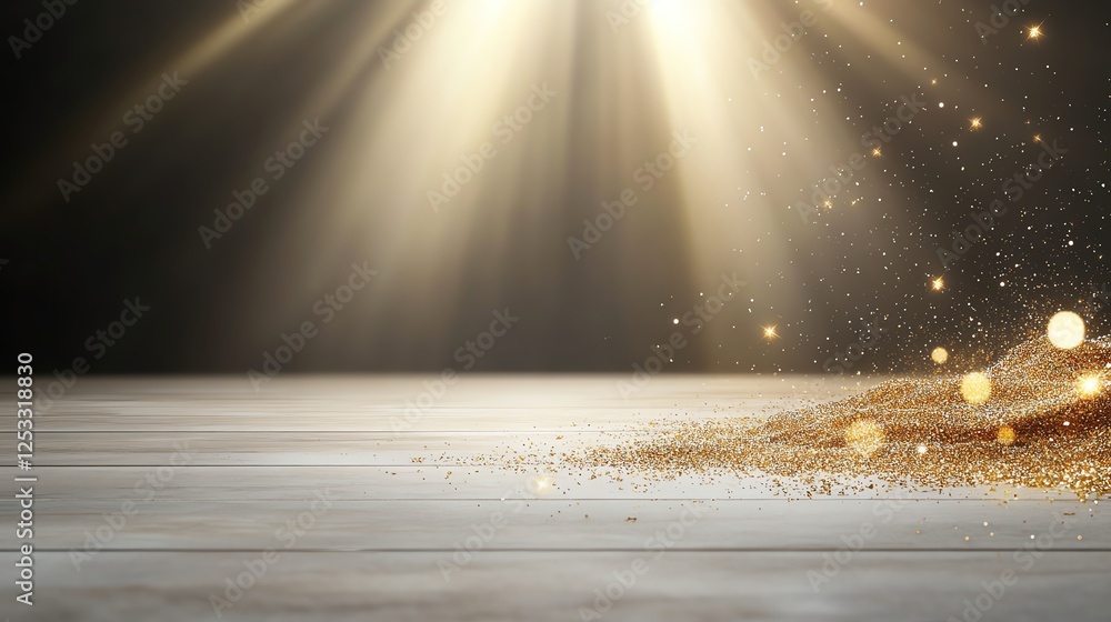 Obraz premium Abstract golden glitter particles on wooden surface with dramatic light, perfect for festive backgrounds.