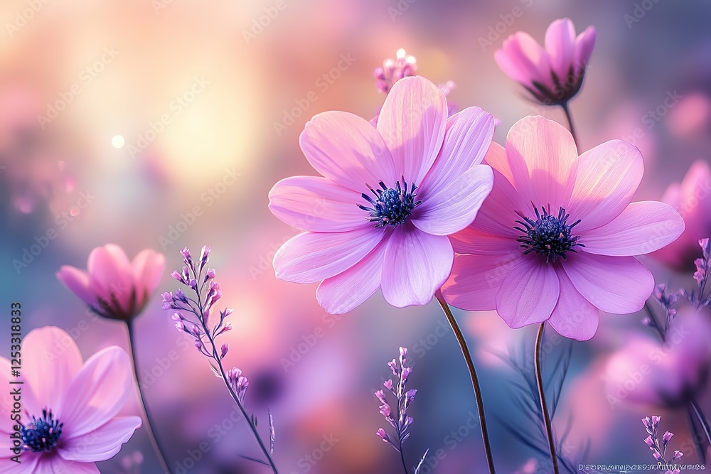 Fototapeta premium A delicate dance of purple and pink blossoms in the sunlight nature's soft symphony of floral beauty