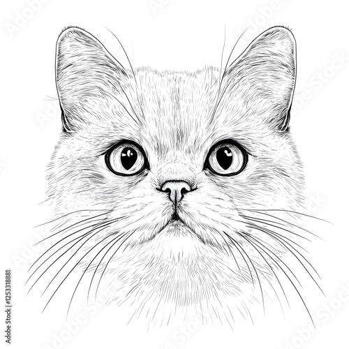 Detailed Hand-Drawn Line Art Portrait of a Cute British Shorthair Cat Face on White Background