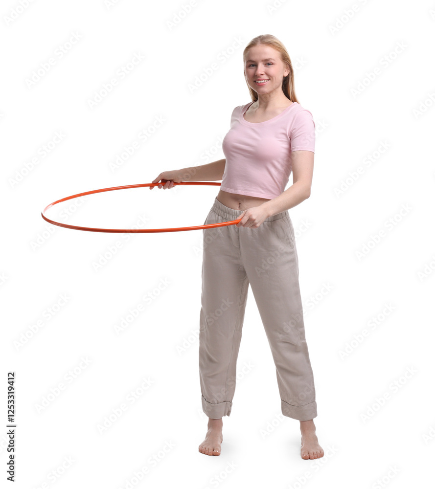 Beautiful young woman exercising with hula hoop on white background Beautiful young woman exercising with hula hoop on white background