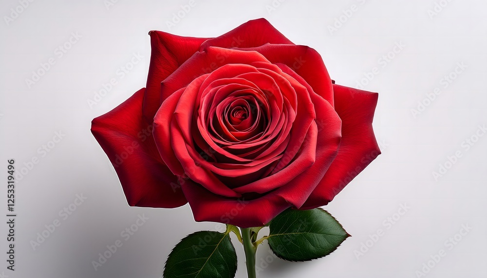 Fototapeta premium A red hybrid tea rose blooming isolated on a white background. Rose flower is symbol of love, desire, romance, and gifts for anniversaries or Valentine's Day.
