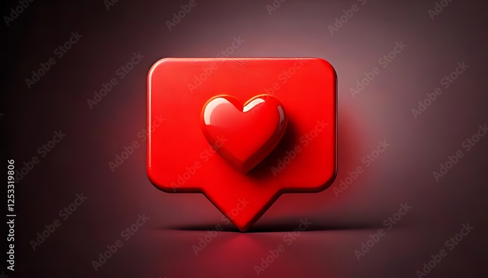 A 3D red heart icon symbolizes likes or love on dark background design A 3D red heart icon symbolizes likes or love on dark background design