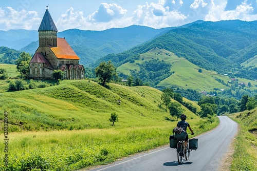 Cycling towards Gergeti Trinity Church with the mountains behind him, a male cyclist on a touring bike experiences travel and holidays in the Caucasus mountain range photo