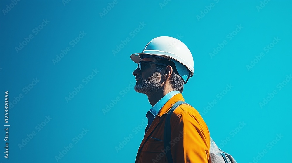 construction worker in unifrom and helmet on a blue background construction worker in unifrom and helmet on a blue background