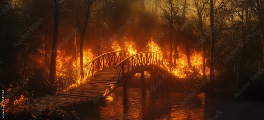 Burning Wooden Bridge Connecting Forested Areas, Apocalyptic Scene Burning Wooden Bridge Connecting Forested Areas, Apocalyptic Scene