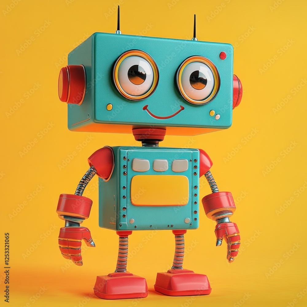 Fototapeta premium Cute retro robot toy on yellow background