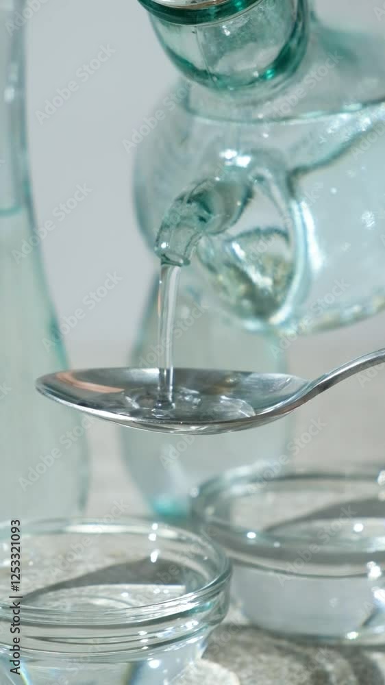 White distilled vinegar is poured into spoon, vertical slow motion White distilled vinegar is poured into spoon, vertical slow motion